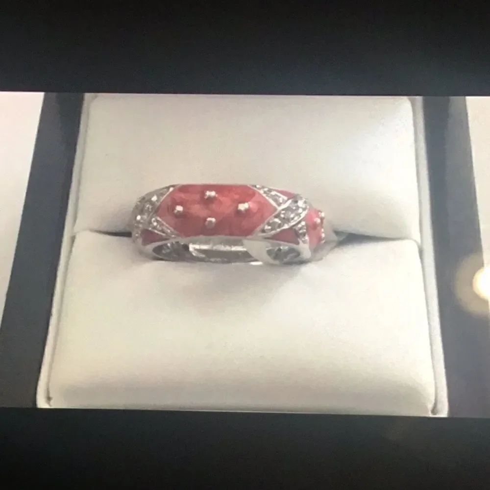 Silver Pink Enamel & CZ “X” Band Stack Ring - Picture 2 of 4